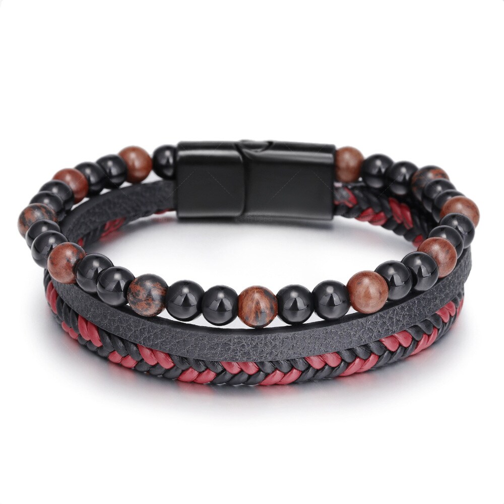 1 Piece Daily Style Bead Shape Leather Inlay Natural Stone Men's Bracelet h5 